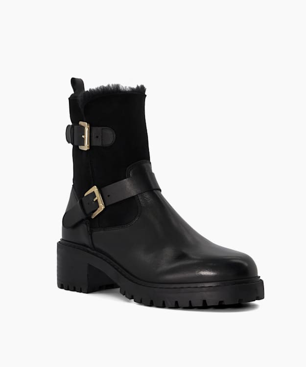 Dune London Perform - Black Faux-Fur-Lined Leather Biker Boots