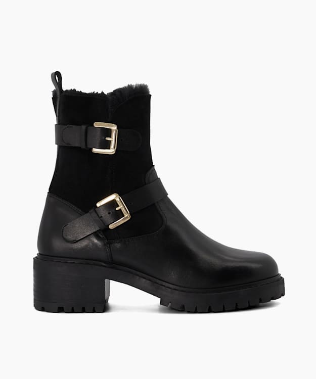 dune london Perform - Black Faux-Fur-Lined Leather Biker Boots