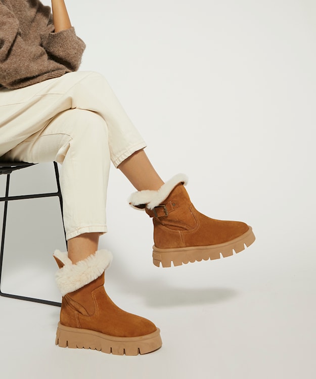 Dune London Pheebs - Chestnut Faux-Fur-Lined Suede Ankle Boots
