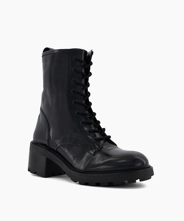 Dune London Phenomenal - Black Leather Lace Up Black Ankle Boots