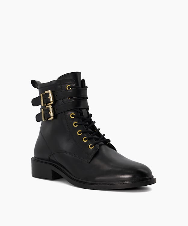 Dune London Phyllis - Black Buckled Leather Black Ankle Boots