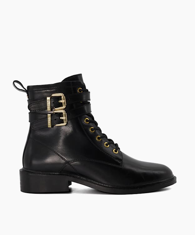 dune london Phyllis - Black Buckled Leather Black Ankle Boots