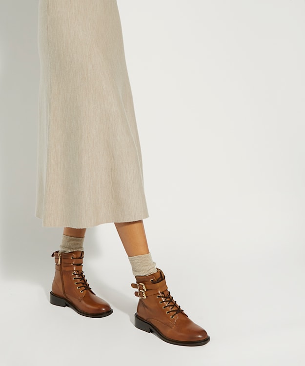 Dune London Phyllis - Tan Buckle-Detail Leather Ankle Boots