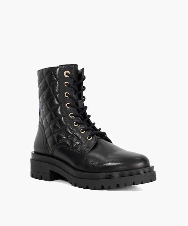 Dune London Pillow - Black Leather Stacked Heel Ankle Boots