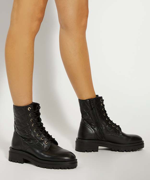 Dune London Pillow - Black Leather Stacked Heel Ankle Boots