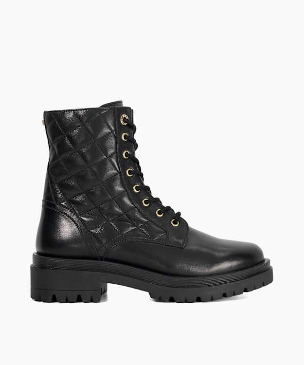 dune london Pillow - Black Leather Stacked Heel Ankle Boots