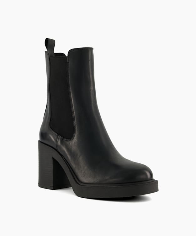 Dune London Pinaz - Black Block-Heel Leather Black Ankle Boots