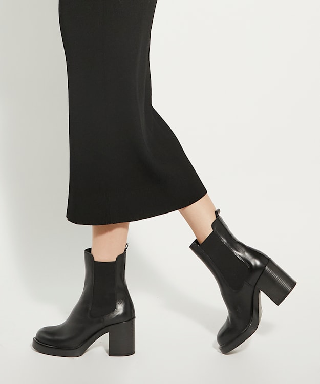 Dune London Pinaz - Black Block-Heel Leather Black Ankle Boots