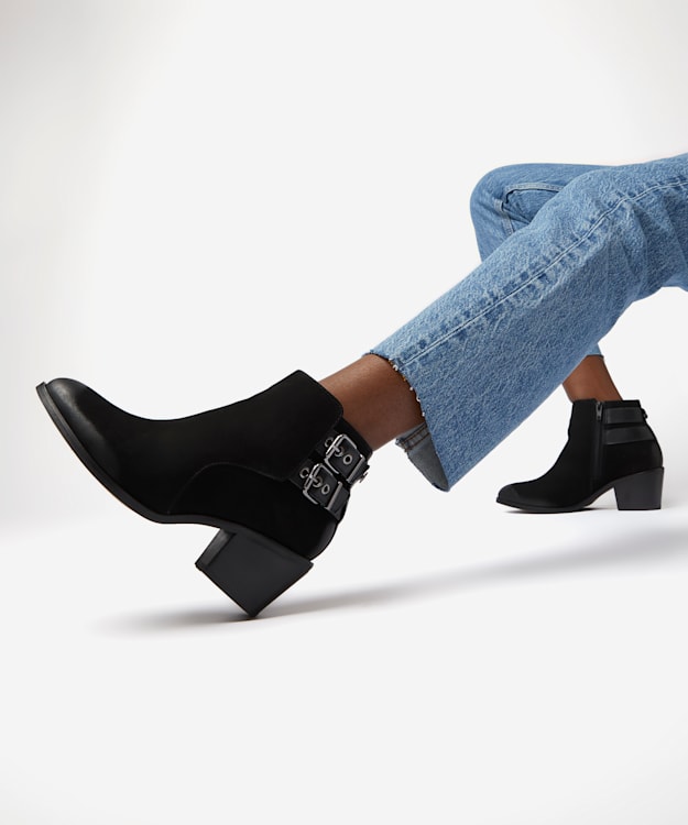 Dune London Pinna - Black Low Heel Buckle Detail Ankle Boots