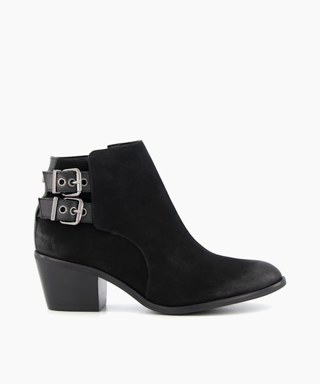 dune london Pinna - Black Low Heel Buckle Detail Ankle Boots