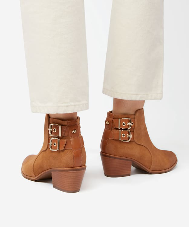 Dune London Pinna - Camel Low Heel Buckle Detail Ankle Boots