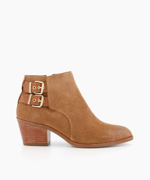 dune london Pinna - Camel Low Heel Buckle Detail Ankle Boots