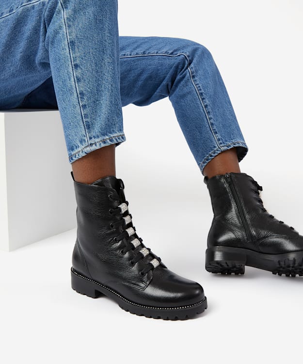 Dune London Pinney - Black Lace Up Embellished Ankle Boots