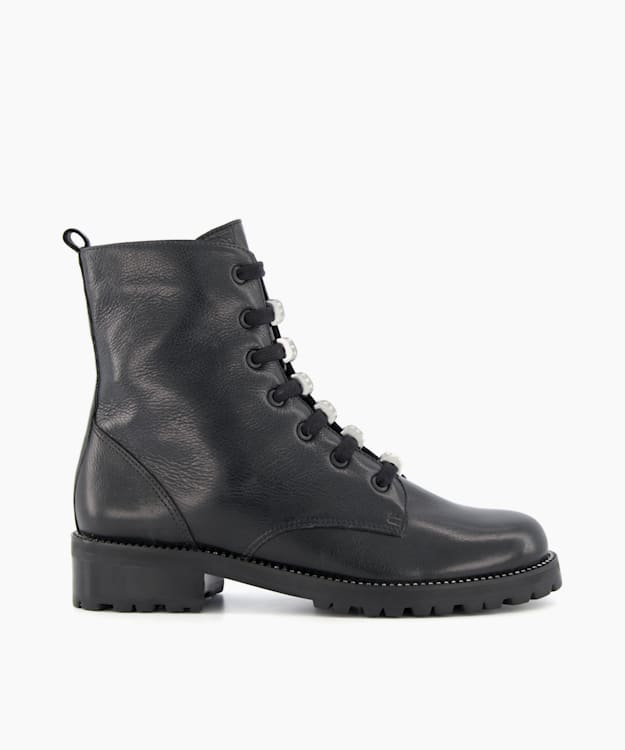 dune london Pinney - Black Lace Up Embellished Ankle Boots