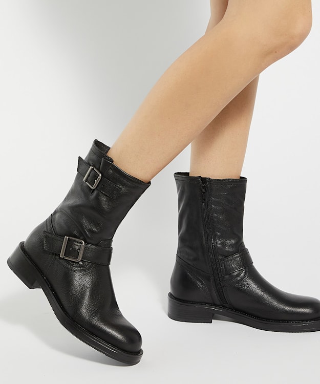 Dune London Pixen - Black Buckle Detail Chunky Biker Boots