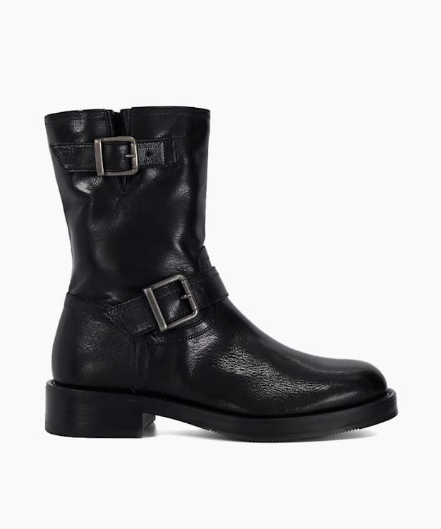 dune london Pixen - Black Buckle Detail Chunky Biker Boots