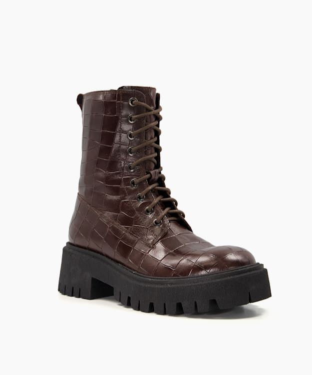 Dune London Play - Brown Reptile-Effect Leather Lace-Up Boots
