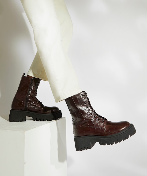 Dune London Play - Brown Reptile-Effect Leather Lace-Up Boots