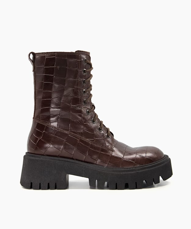 dune london Play - Brown Reptile-Effect Leather Lace-Up Boots
