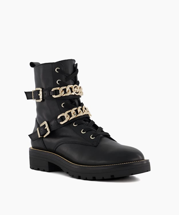 Dune London Plazas - Black Branded-Chain-Detail Leather Ankle Boots