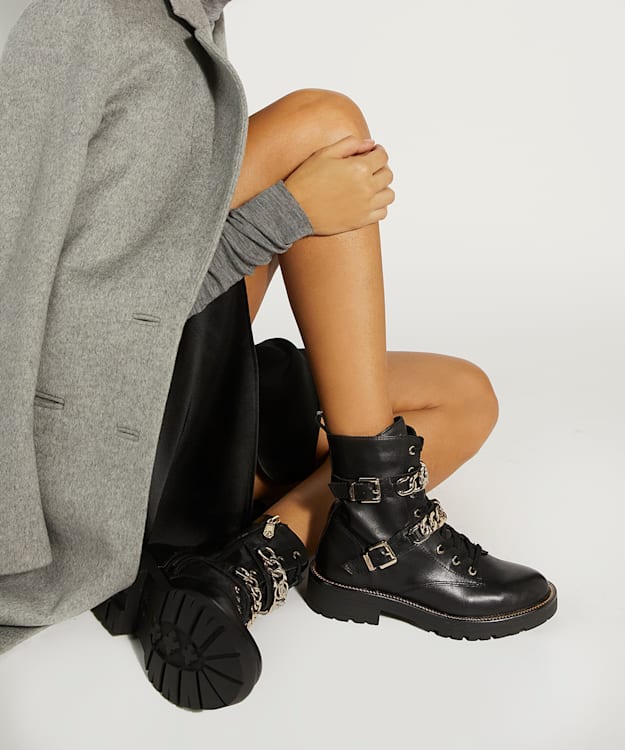 Dune London Plazas - Black Branded-Chain-Detail Leather Ankle Boots
