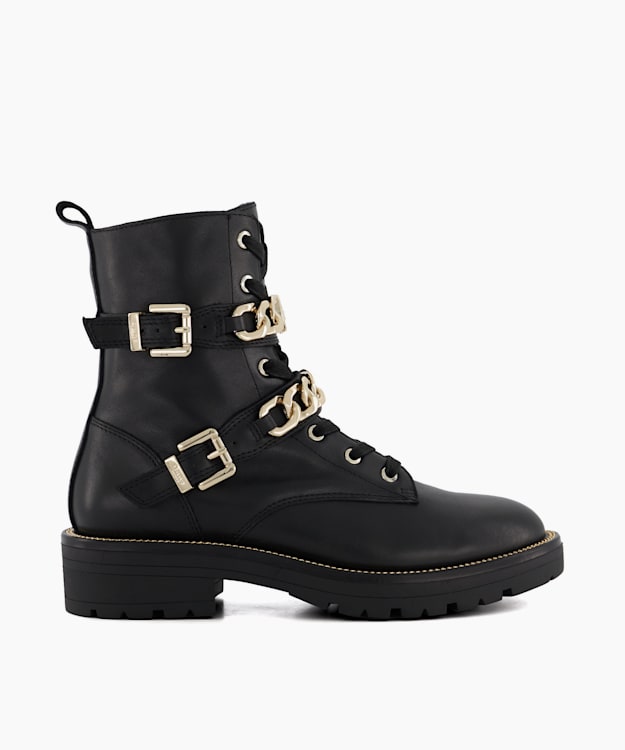 dune london Plazas - Black Branded-Chain-Detail Leather Ankle Boots