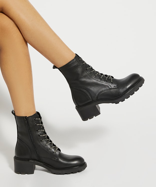Dune London Plexie - Black Chunky Glitter Lace Up Biker Boots