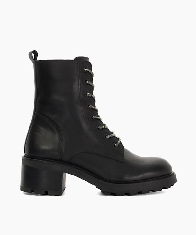 dune london Plexie - Black Chunky Glitter Lace Up Biker Boots