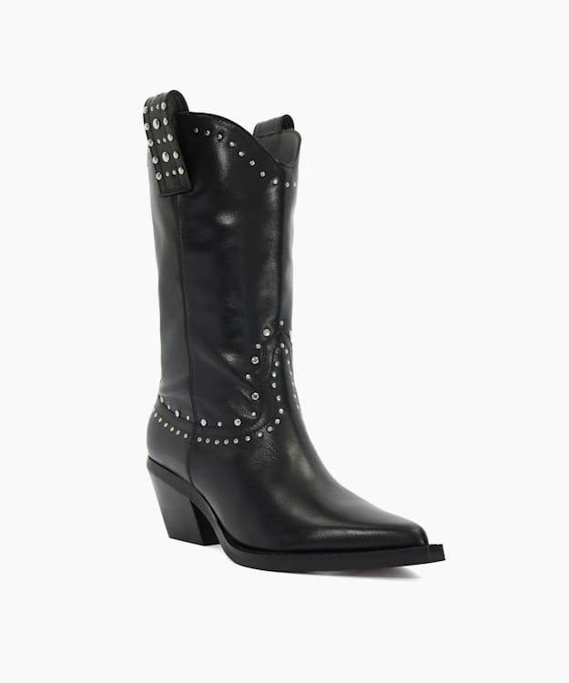 Dune London Podeo - Black Embellished Block Heel Cowboy Boots