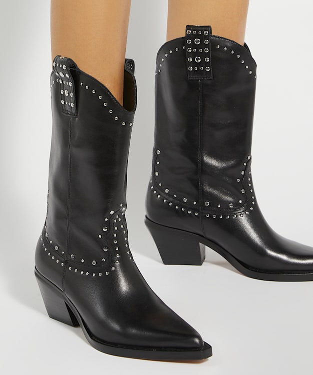 Dune London Podeo - Black Embellished Block Heel Cowboy Boots