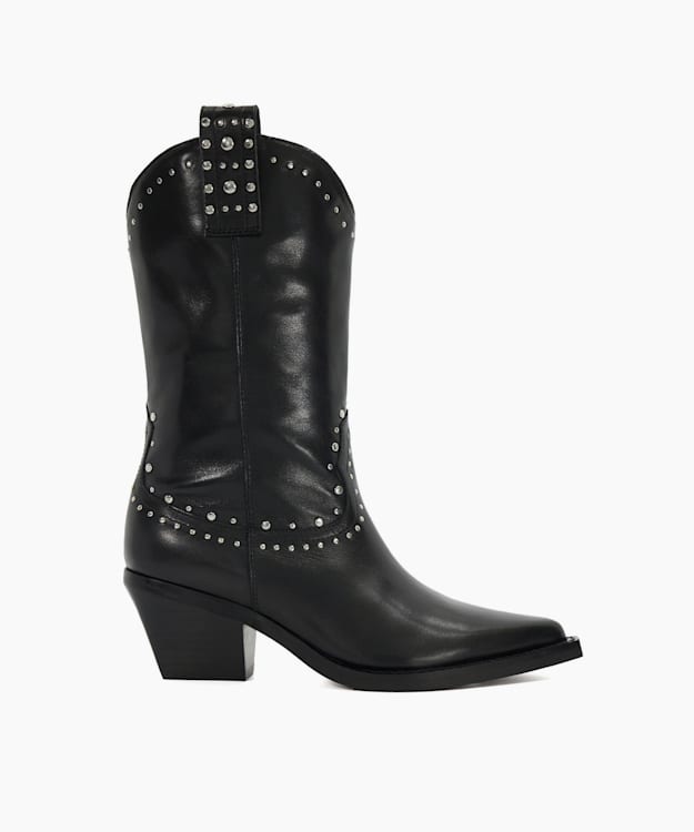 dune london Podeo - Black Embellished Block Heel Cowboy Boots