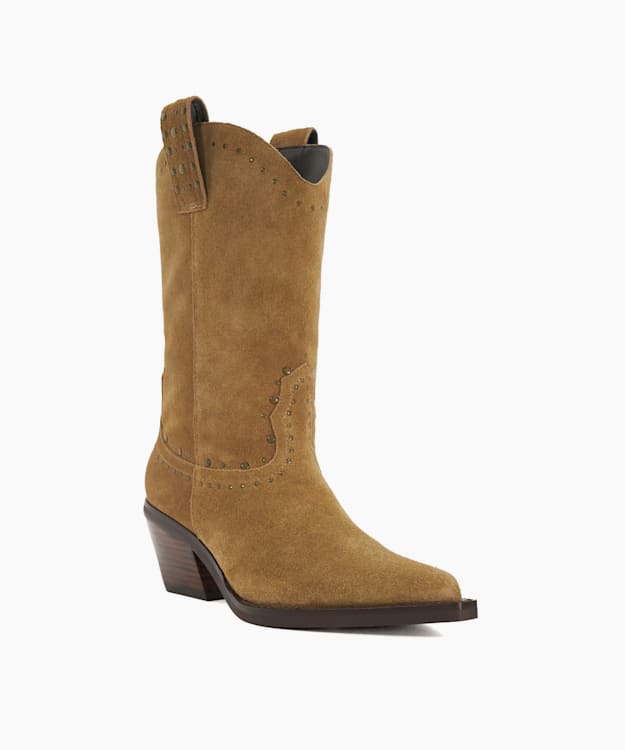 Dune London Podeo - Sand Embellished Block Heel Cowboy Boots