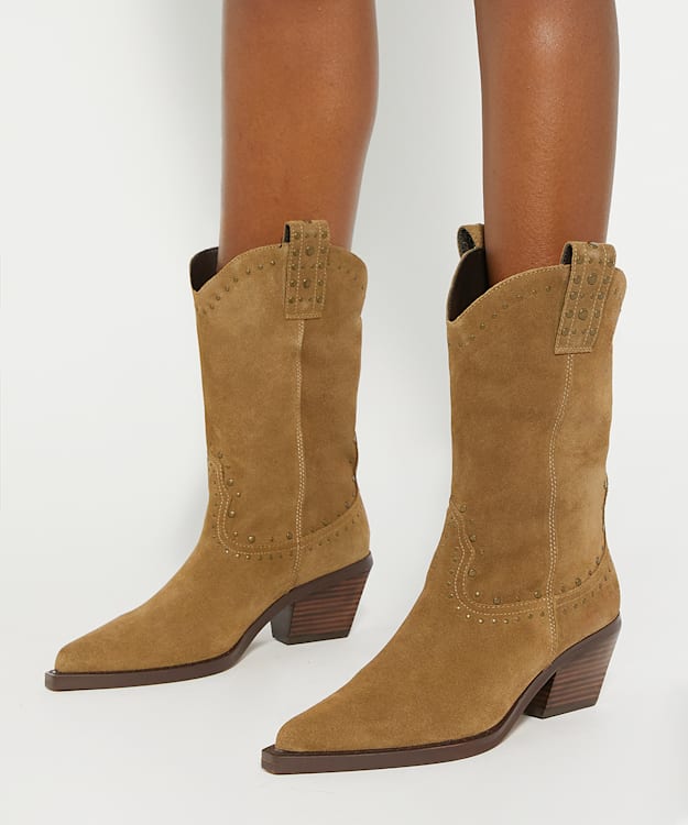 Dune London Podeo - Sand Embellished Block Heel Cowboy Boots