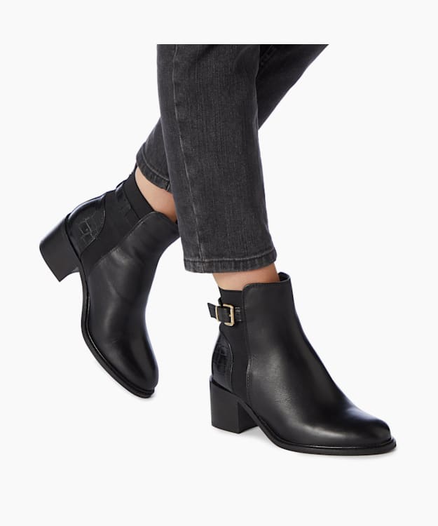 Dune London Poetic - Black Buckle Block Heel Ankle Boots