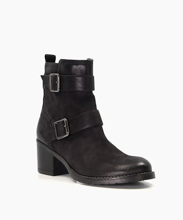 Dune London Poser - Black Nubuck Buckle-Strap Ankle Boots