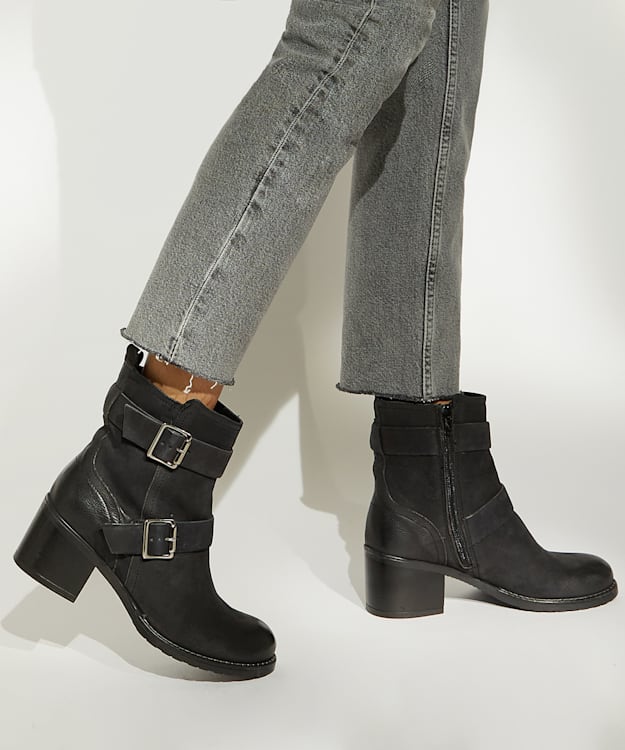 Dune London Poser - Black Nubuck Buckle-Strap Ankle Boots
