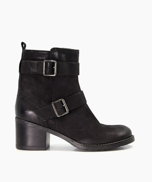dune london Poser - Black Nubuck Buckle-Strap Ankle Boots