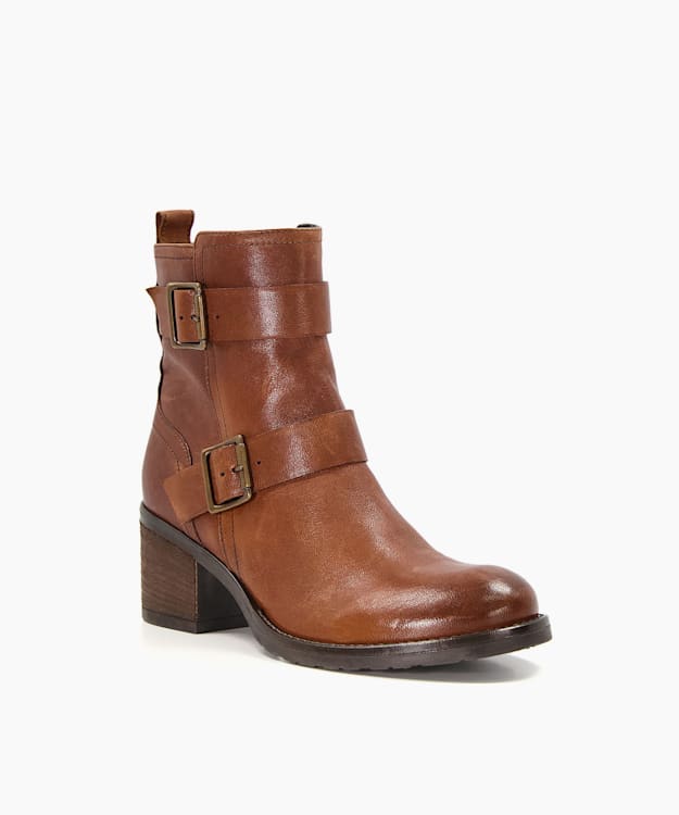 Dune London Poser - Tan Buckle-Strap Leather Ankle Boots