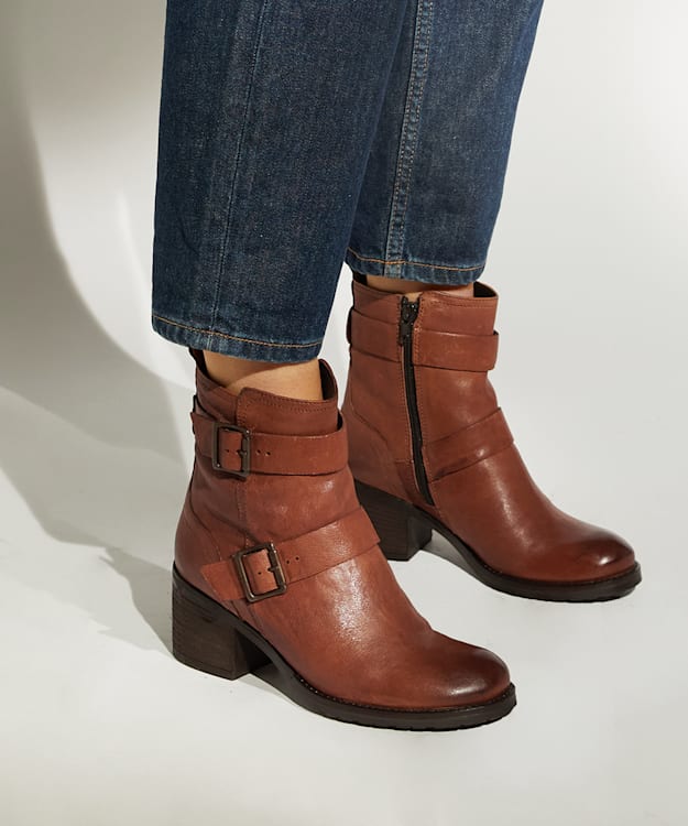 Dune London Poser - Tan Buckle-Strap Leather Ankle Boots