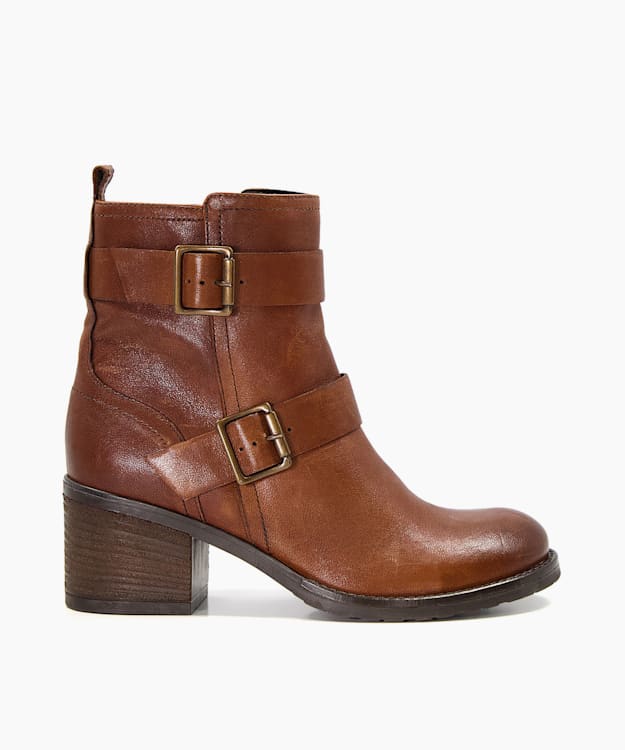 dune london Poser - Tan Buckle-Strap Leather Ankle Boots