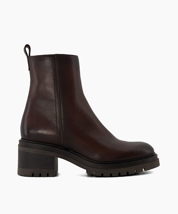 dune london Possessive - Brown Low-Block-Heel Leather Ankle Boots