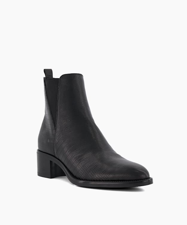Dune London Pouring - Black Croc Effect Leather Black Ankle Boots