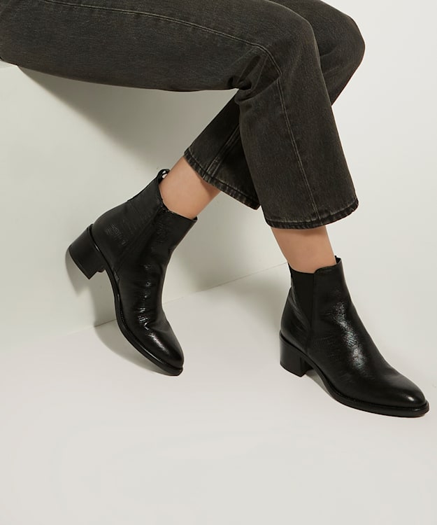Dune London Pouring - Black Croc Effect Leather Black Ankle Boots