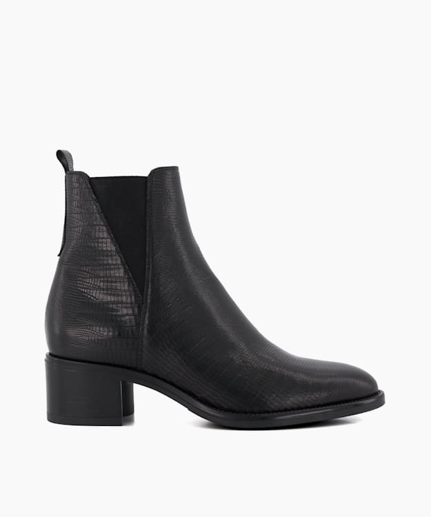 dune london Pouring - Black Croc Effect Leather Black Ankle Boots