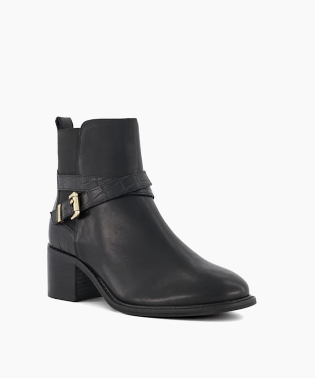 Dune London Pout - Black Elasticated Leather-Mix Block-Heel Ankle Boots