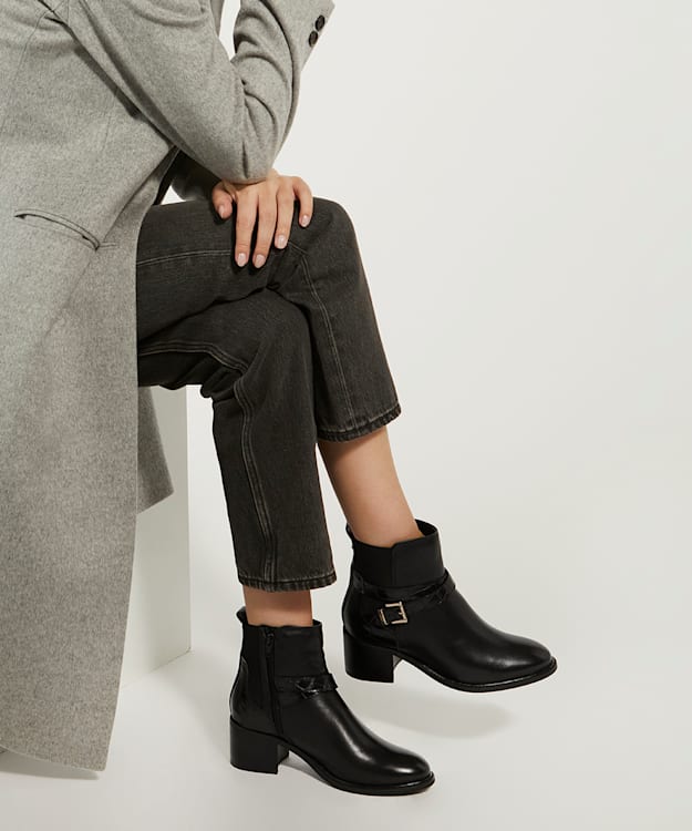 Dune London Pout - Black Elasticated Leather-Mix Block-Heel Ankle Boots