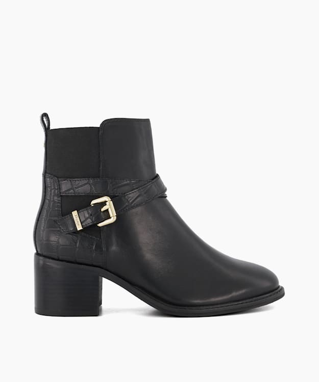 dune london Pout - Black Elasticated Leather-Mix Block-Heel Ankle Boots