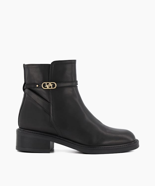 dune london Praising - Black Branded-Buckle Leather Ankle Boots