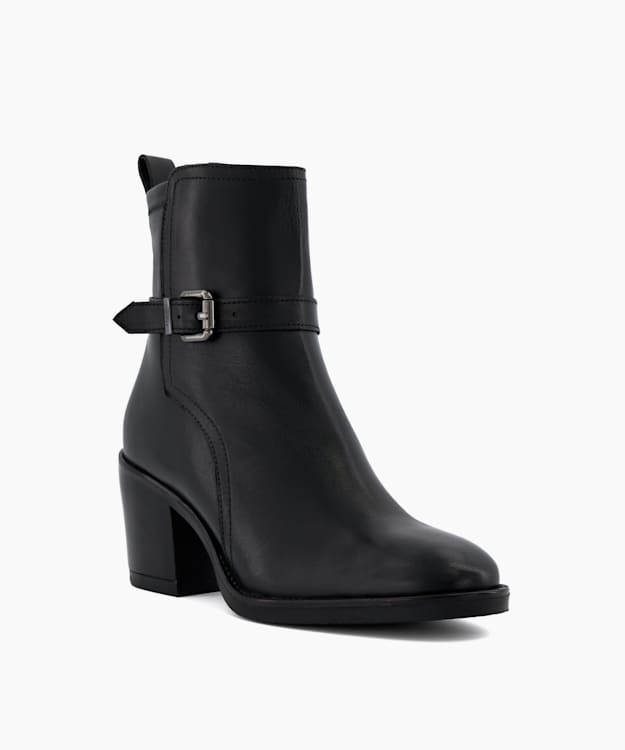 Dune London Prance - Black Buckle Leather Block-Heeled Ankle Boots