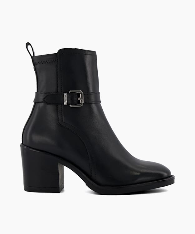 dune london Prance - Black Buckle Leather Block-Heeled Ankle Boots